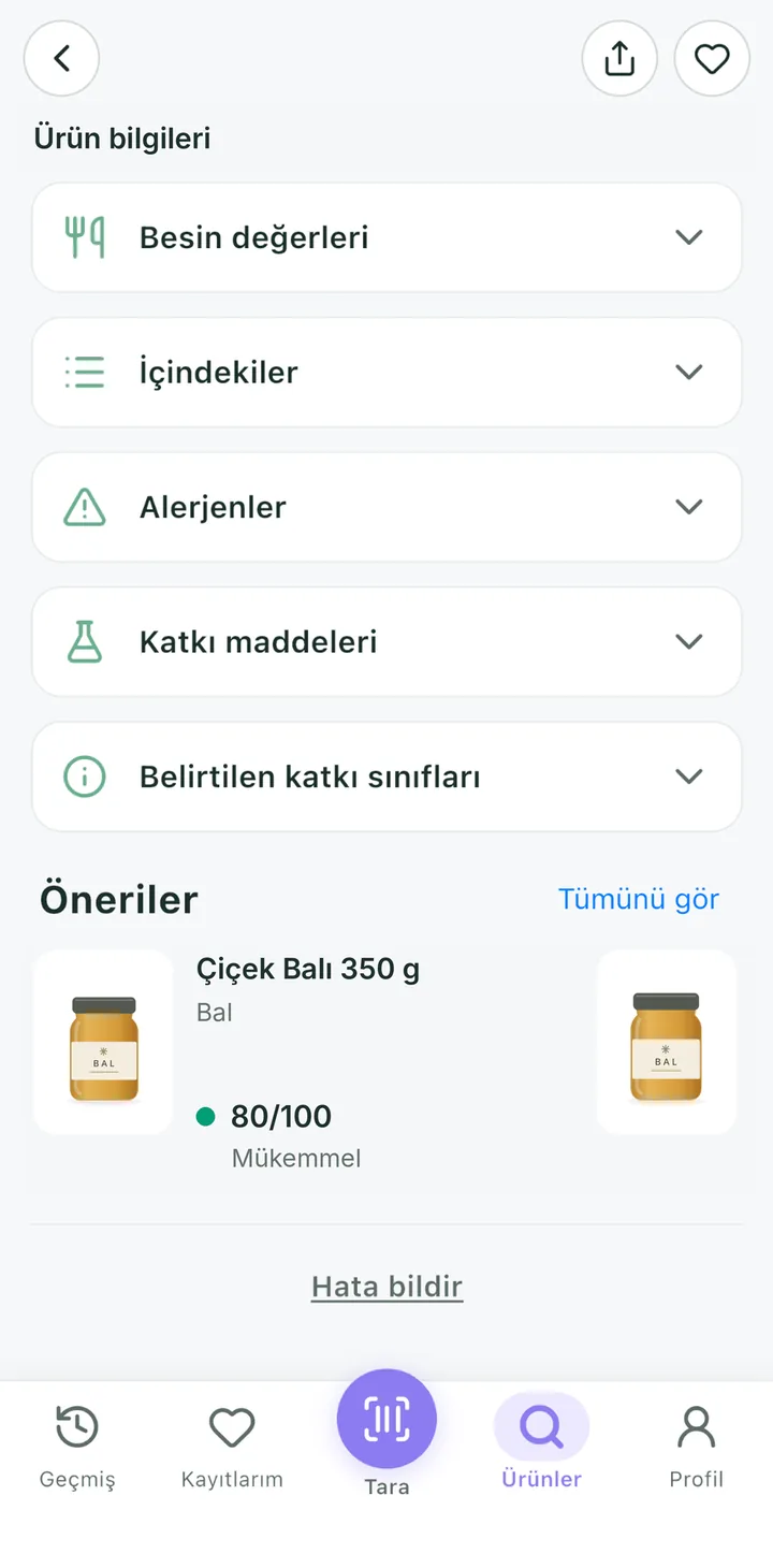 Ürün bilgileri ekranı: besin değerleri, içindekiler, alerjenler, katkı maddeleri ve belirtilen katkı sınıfları bölümleri, altında benzer ürün önerileri.