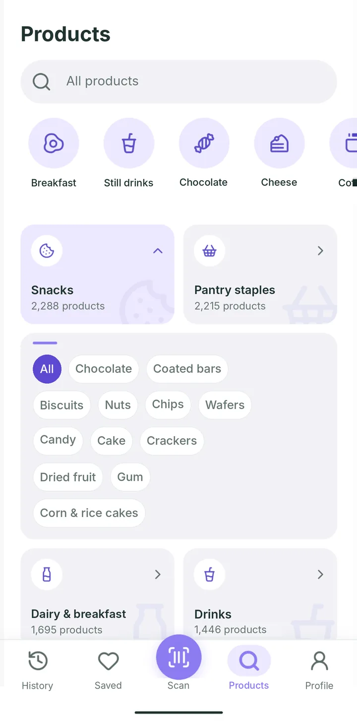 The Products tab, with a search field, categories such as breakfast foods, still drinks and chocolate, and snack subcategories.