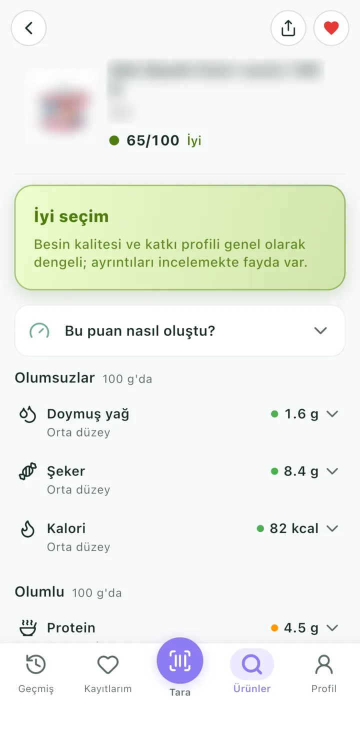 Etika'da bir ürünün detay ekranı: 65/100 puan, “İyi seçim” değerlendirmesi ve doymuş yağ, şeker, kalori satırları.